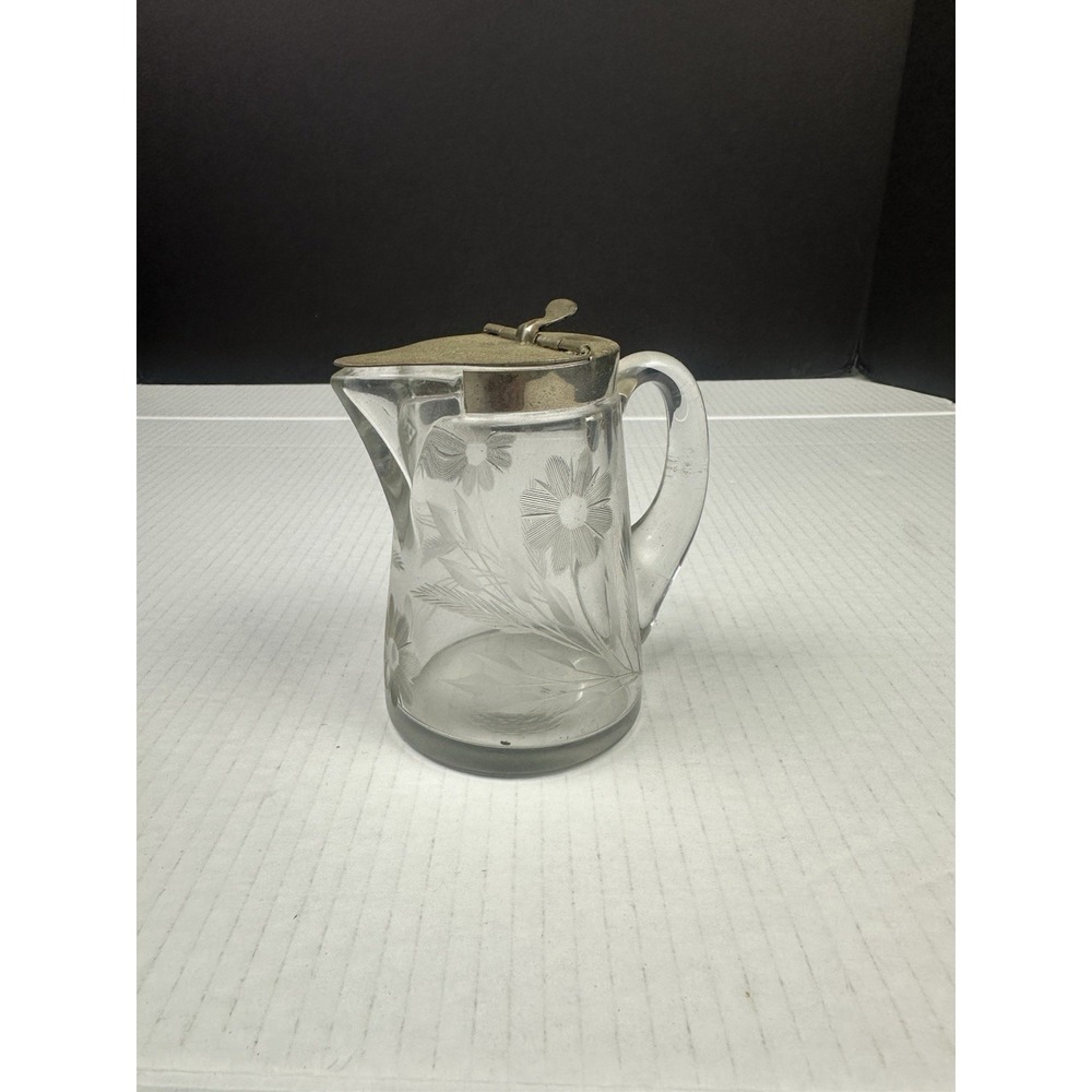 VTG MCM Clear Etched Glass Syrup Jar Pitcher Applied Handle Metal Removable Lid